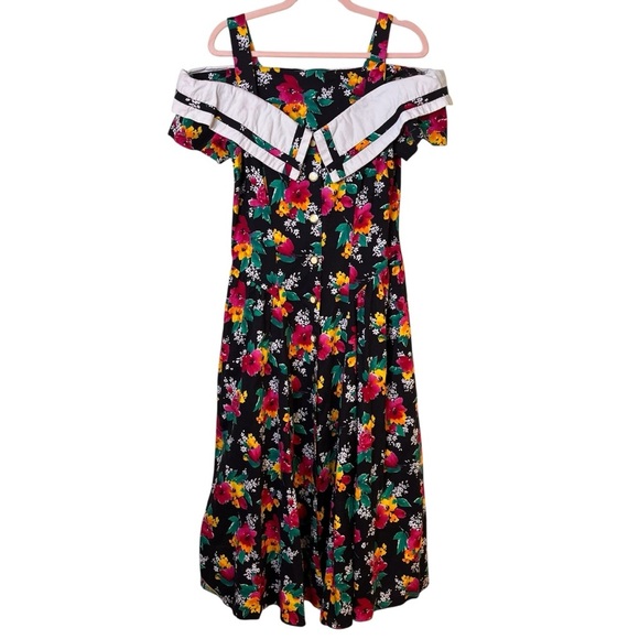 80’s Floral Off Shoulder Fit & Flare Party Colorful Midi Dress - Picture 1 of 8